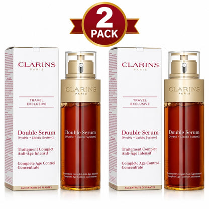 Clarins Double Serum Complete Age Control Concentrate 100ml / 3.3 fl oz – Hydric + Lipidic Anti-Aging Face Serum – Pack of 2 – New Sealed