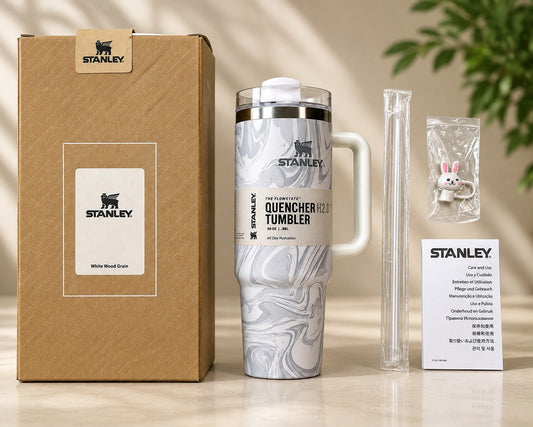 Stanley Quencher H2.0 FlowState Tumbler 30 oz – White Wood Grain with Handle &amp; Straw