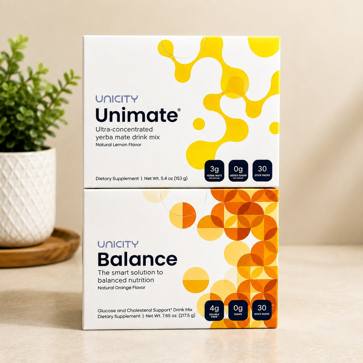 Unicity Unimate Lemon &amp; Balance Orange Combo Pack | Yerba Mate Energy &amp; Fiber Drink Mix 30 Stick Packs Each