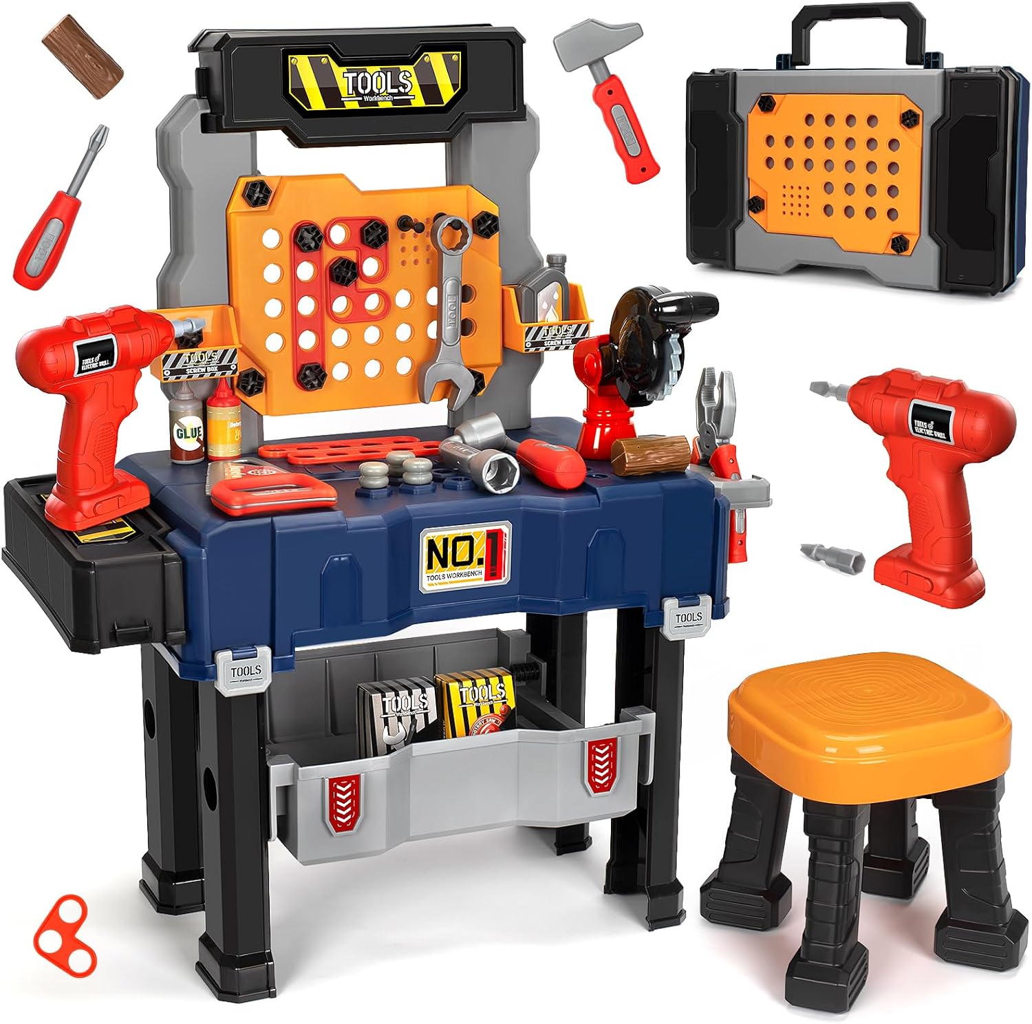 Kids Tool Bench Set with Electric Drill and Chair, Construction Workbench Toys for Toddlers