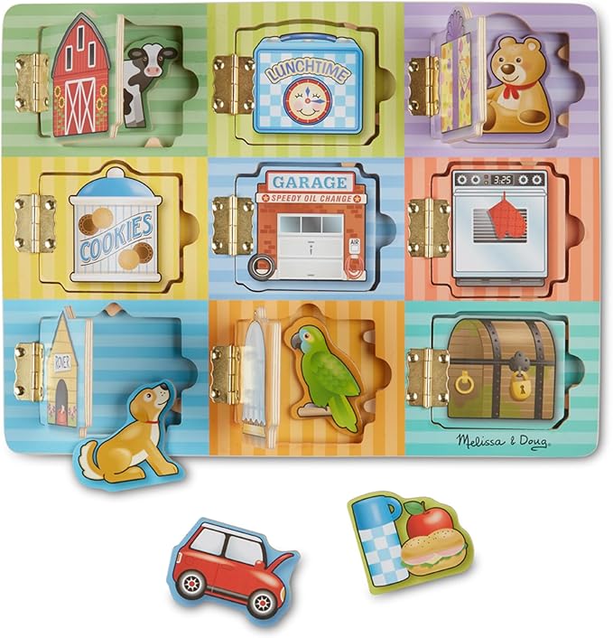 Wooden Hide & Seek Activity Board – Montessori Busy Board with Hinges, Doors & 9 Wooden Magnetic Puzzles