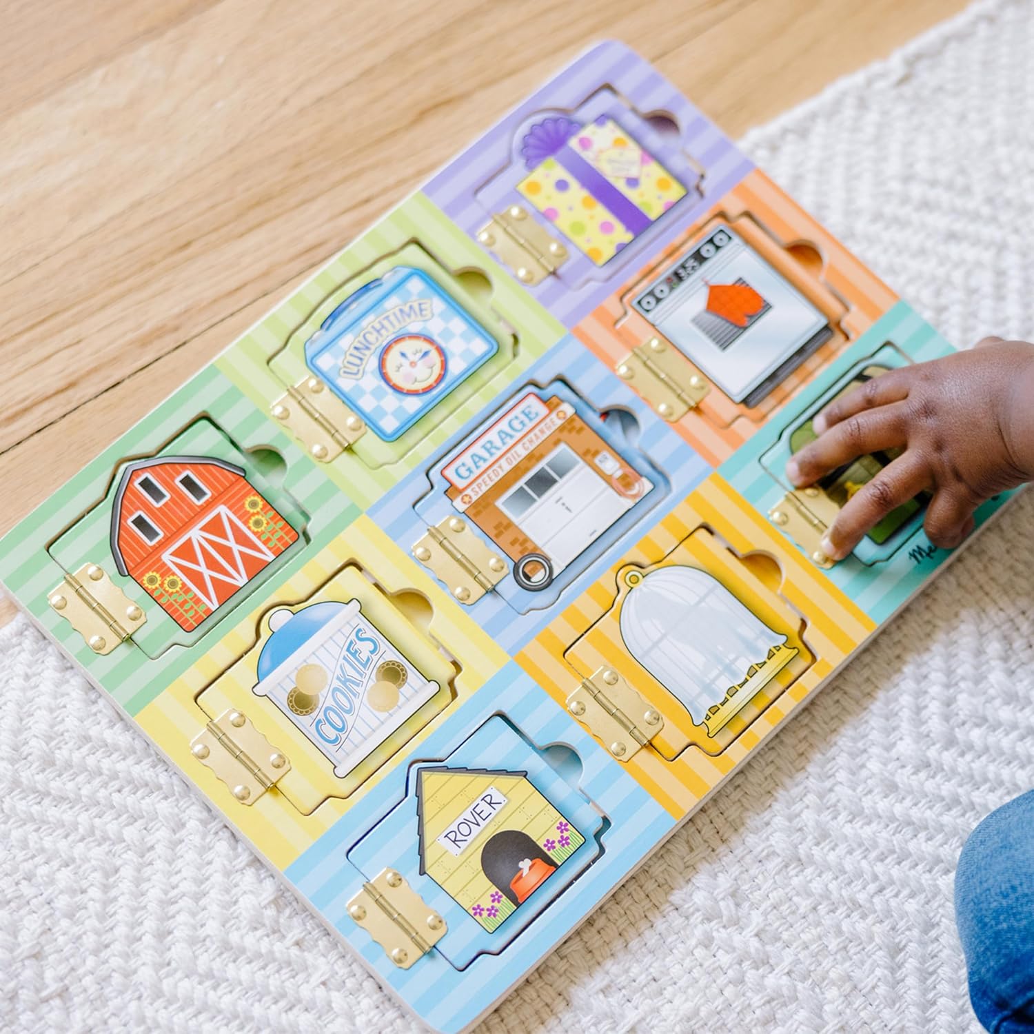Wooden Hide & Seek Activity Board – Montessori Busy Board with Hinges, Doors & 9 Wooden Magnetic Puzzles
