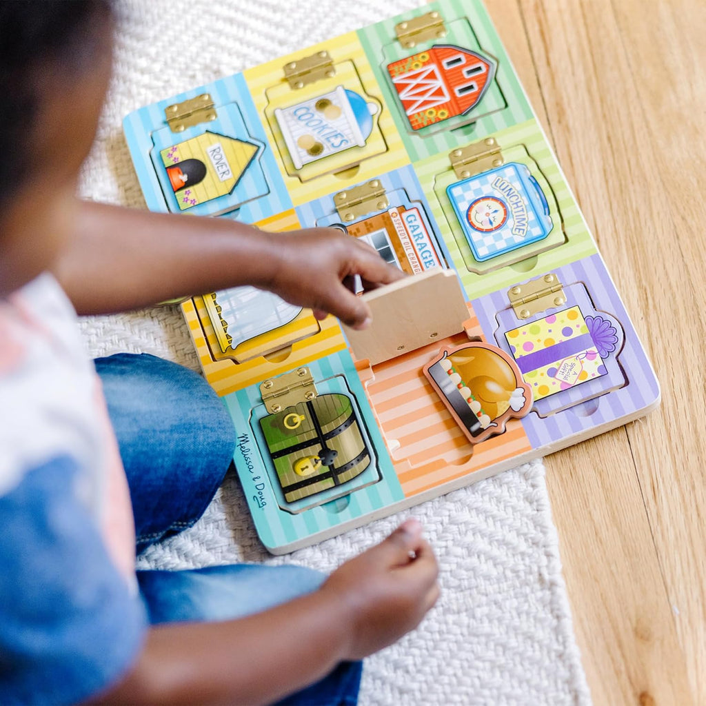 Wooden Hide & Seek Activity Board – Montessori Busy Board with Hinges, Doors & 9 Wooden Magnetic Puzzles