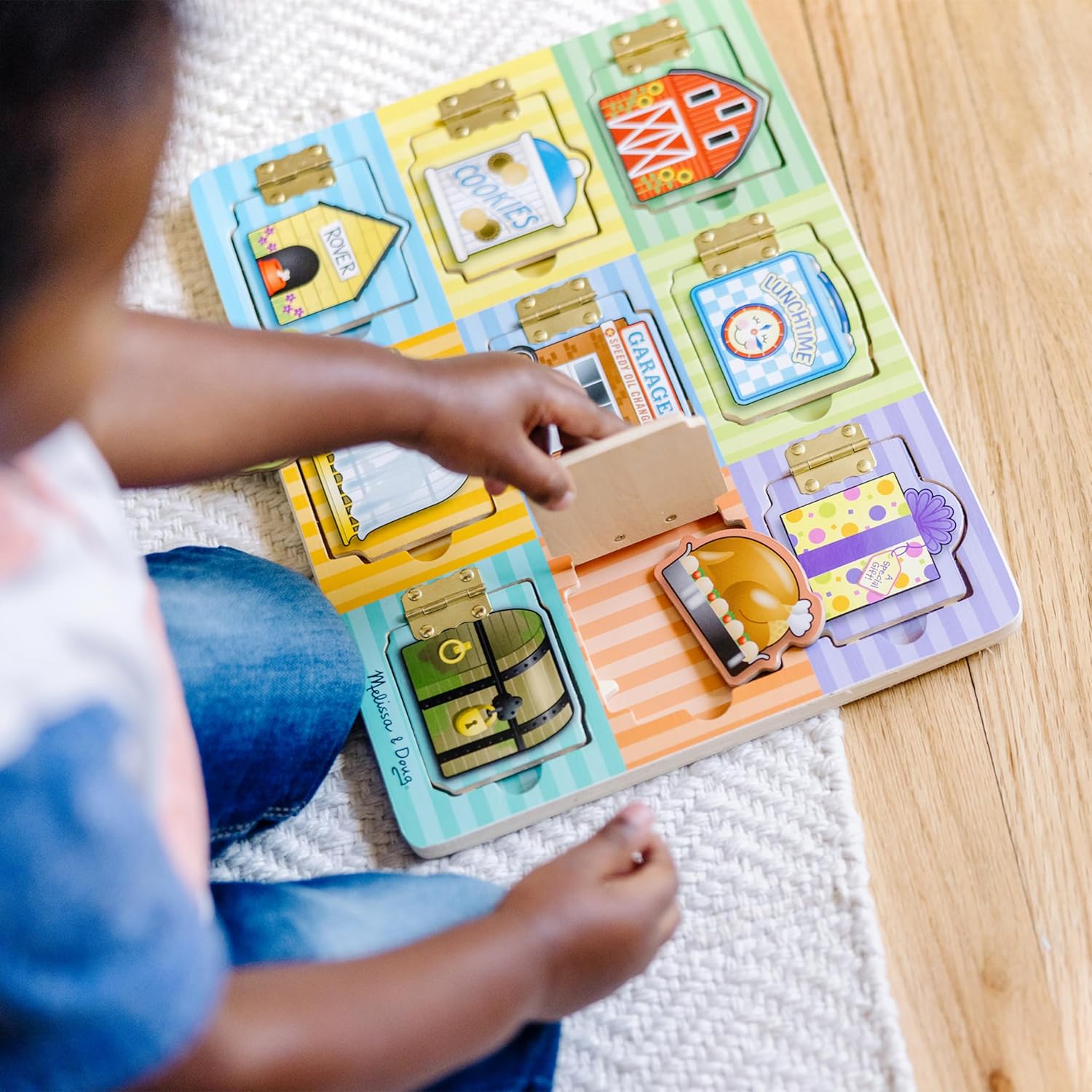 Wooden Hide & Seek Activity Board – Montessori Busy Board with Hinges, Doors & 9 Wooden Magnetic Puzzles