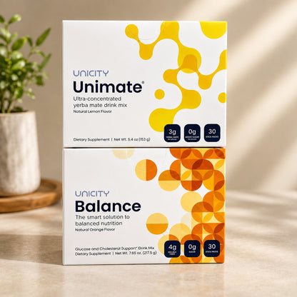 Unicity Unimate Lemon &amp; Balance Orange Combo Pack | Yerba Mate Energy &amp; Fiber Drink Mix 30 Stick Packs Each