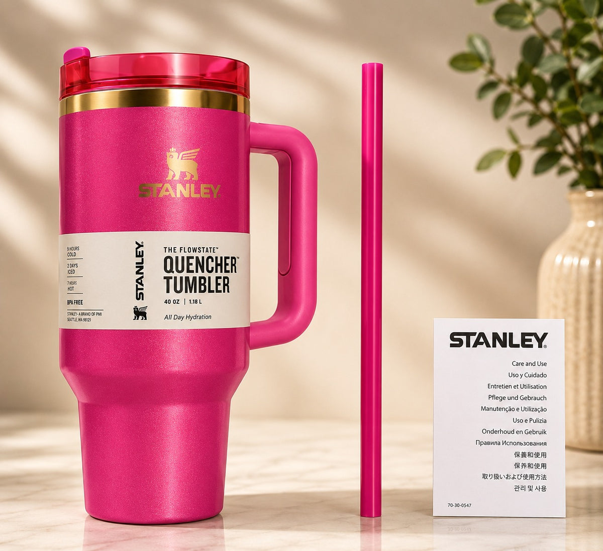 Stanley Quencher H2.0 FlowState Tumbler 40 oz – Fuchsia with Handle &amp; Straw – New